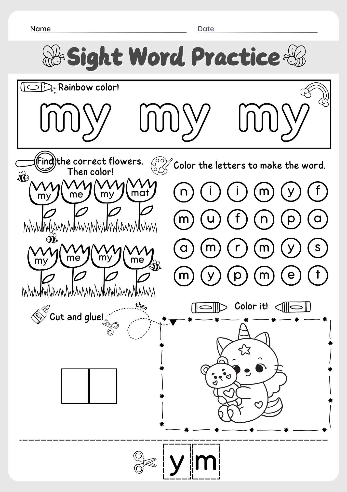 Dolch Sight Word "My" Worksheet for Pre-Kindergarten PDF Download Pre-Kindergarten